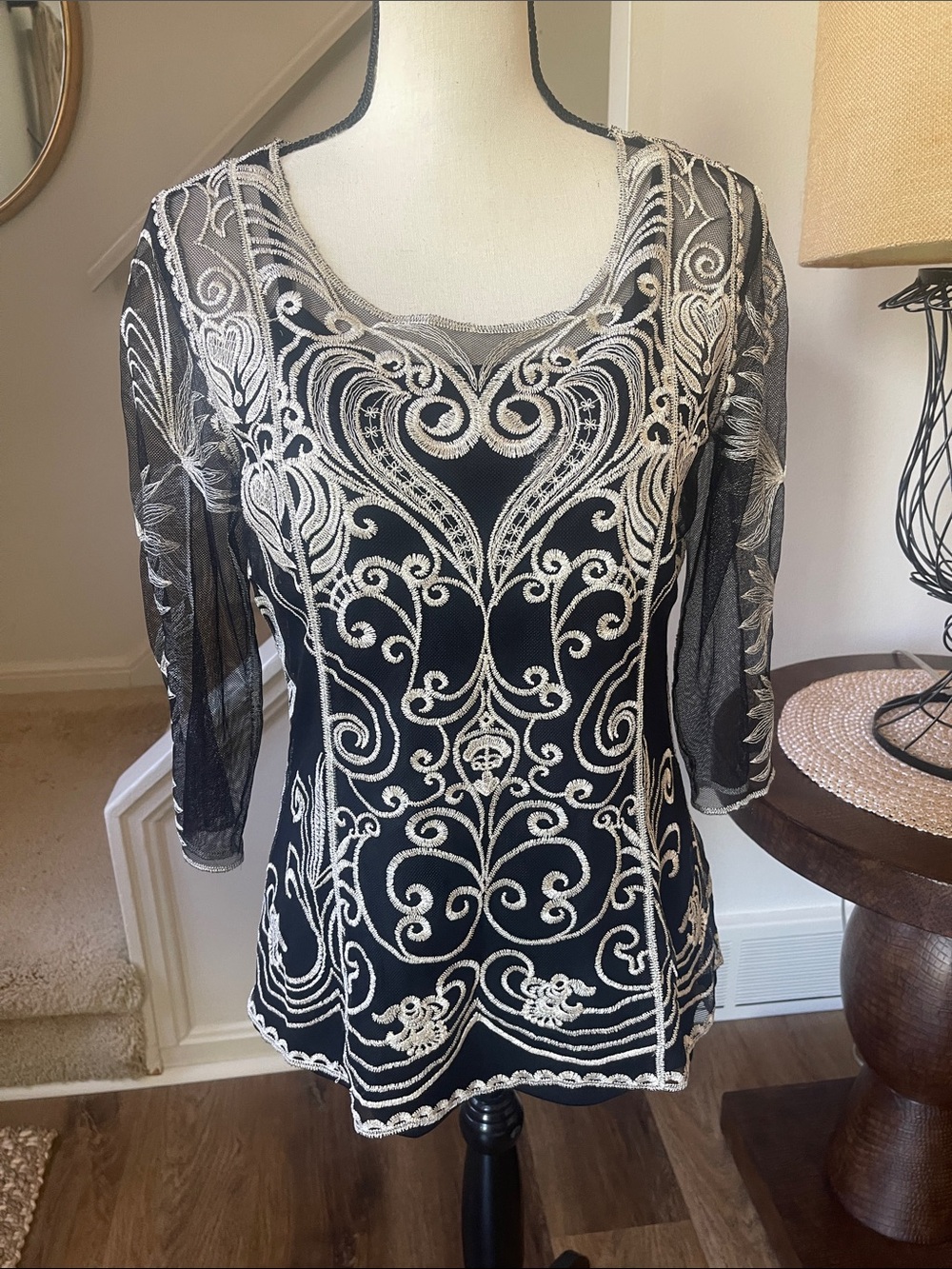 Black & Gold Tone sheer top with elaborate pattern, and Cami 3/4 Sleeve Dressy M